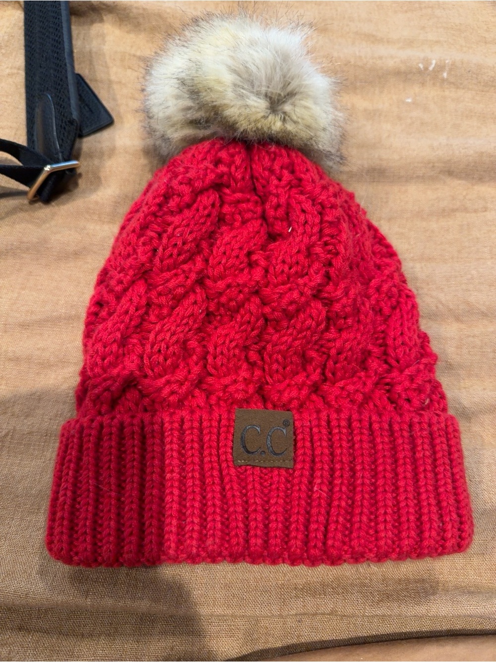 C.C Red Knit Beanie with Faux Fur Pom